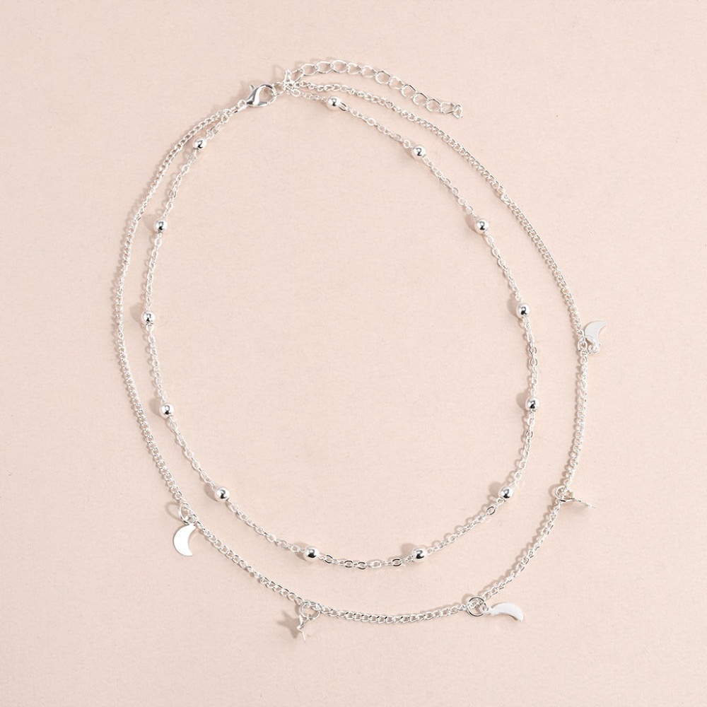 Moon & Stars Silver Layered Choker Bib Necklace - Picture 6 of 6